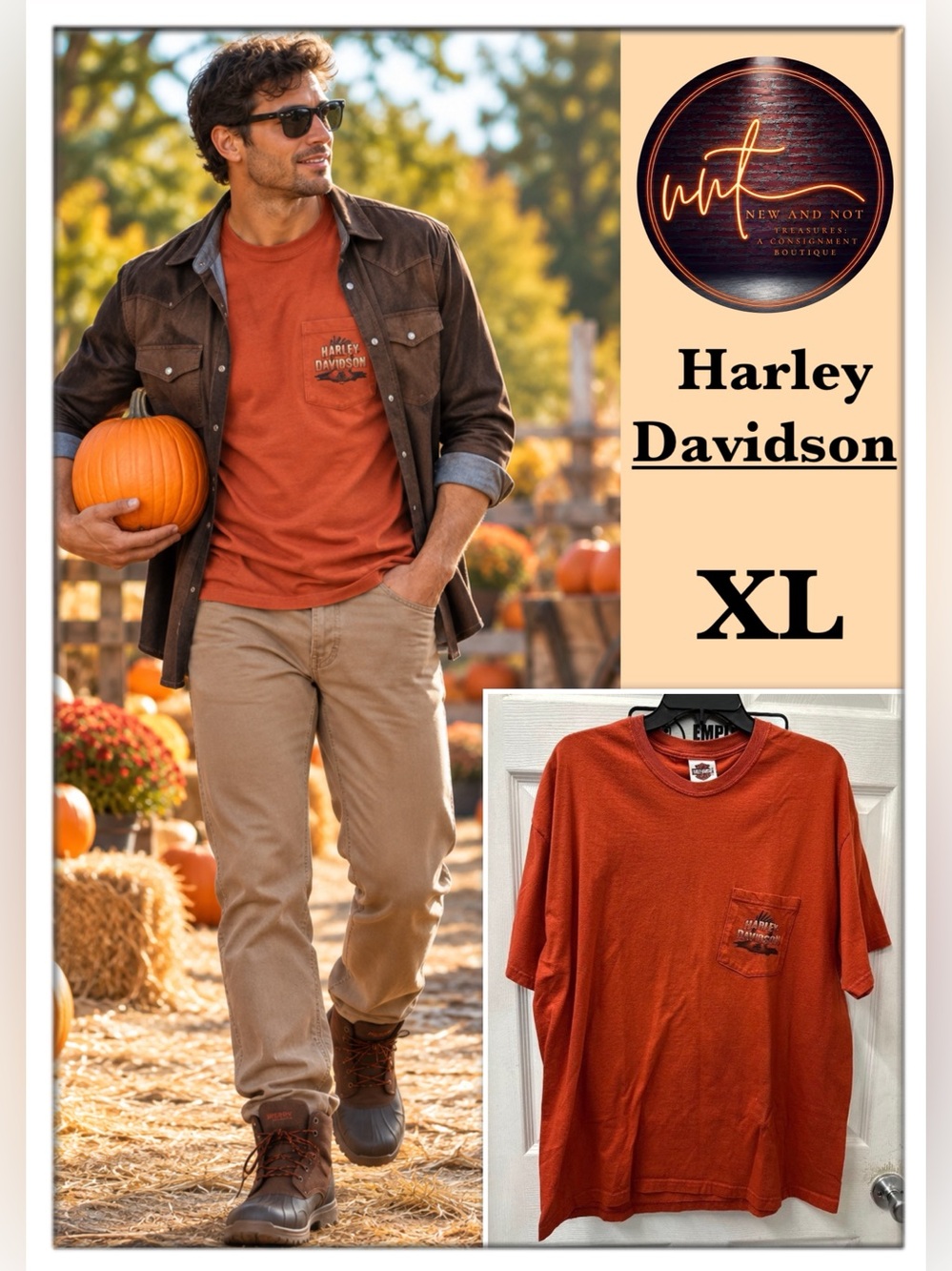 Harley Davidson Thunder Road Danville VA Men’s XL Orange Pocket Graphic T Shirt